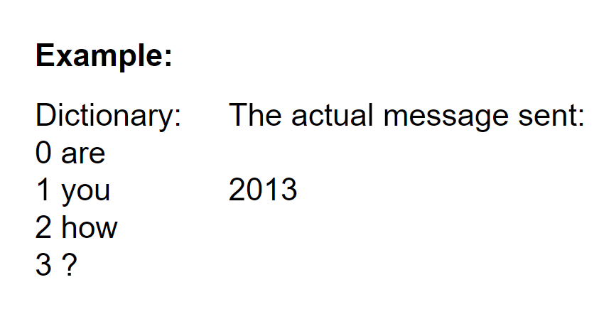 <p>Compression algorithm search through messages + collects all terms to create its own dictionary. Each value is assigned to a binary and decimal value. This allows for the location of the words to be sent alongside the dictionary. This reduces data for transmission unless the dictionary is sent with it.</p>