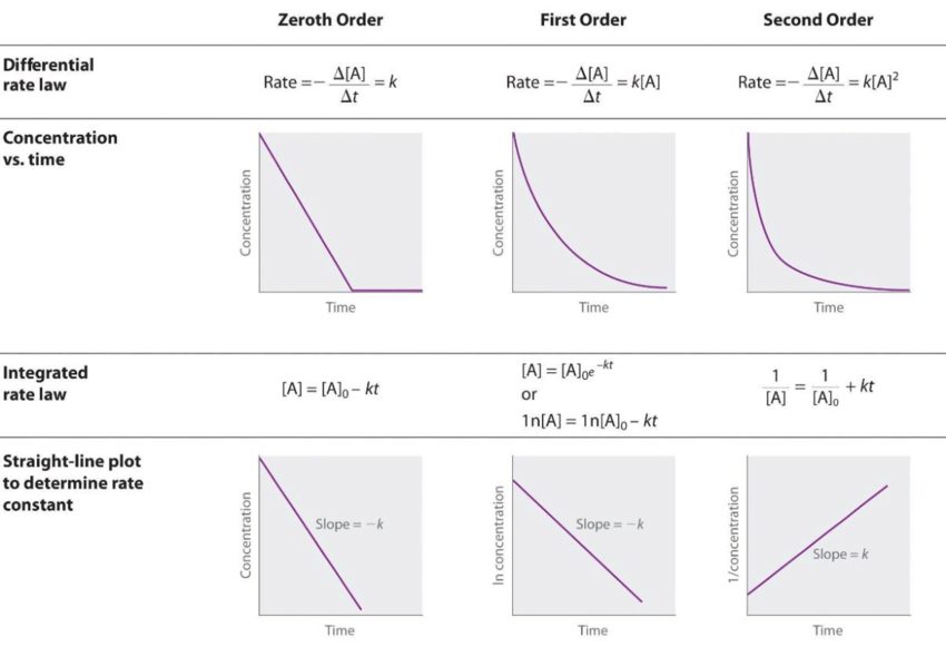 <ul><li><p><strong>Zero-order:</strong> half-life decreases</p></li><li><p><strong>First-order:</strong> half-life stays constant</p></li><li><p><strong>Second-order:</strong> <strong>half-life increases</strong></p></li></ul><p></p>