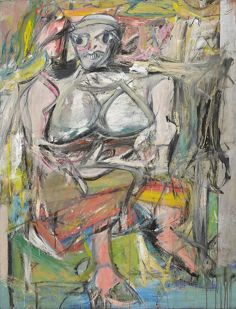 <ul><li><p><strong>ID:</strong> Willem de Kooning, 1950–1952 CE, Oil on canvas, USA</p></li><li><p><strong>Content:</strong> An aggressive, abstract representation of a woman with exaggerated features.</p></li><li><p><strong>Function:</strong> Explores themes of femininity, sexuality, and violence.</p></li><li><p><strong>Context:</strong> Part of the Abstract Expressionist movement, reflecting raw emotion and spontaneity.</p></li><li><p><strong>Form:</strong> Thick, chaotic brushstrokes, distorted figure, energetic composition.</p></li></ul><p></p>