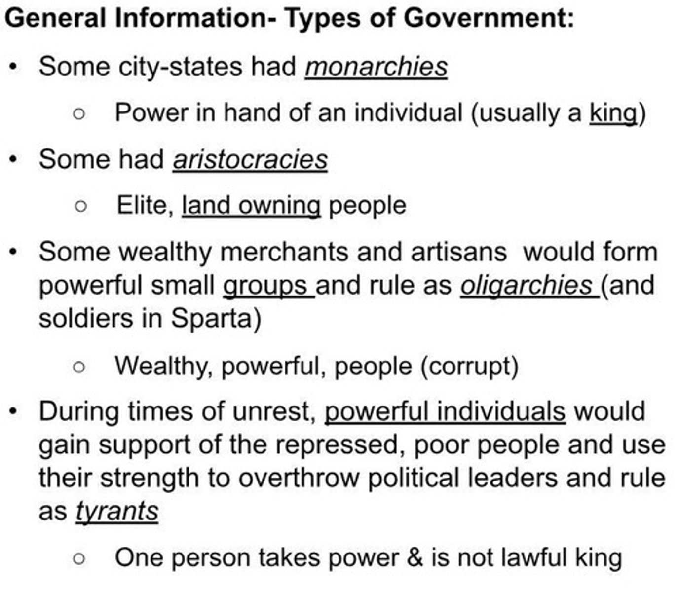 <p>Monarchy, Oligarchy, Tyranny, and Democracy.</p>
