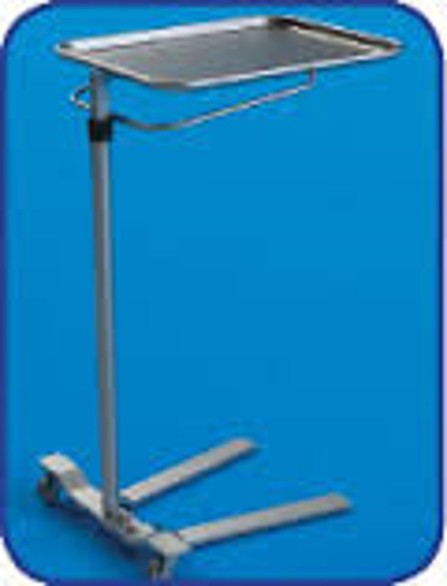 <p>a movable stainless steel instrument tray on a stand</p>