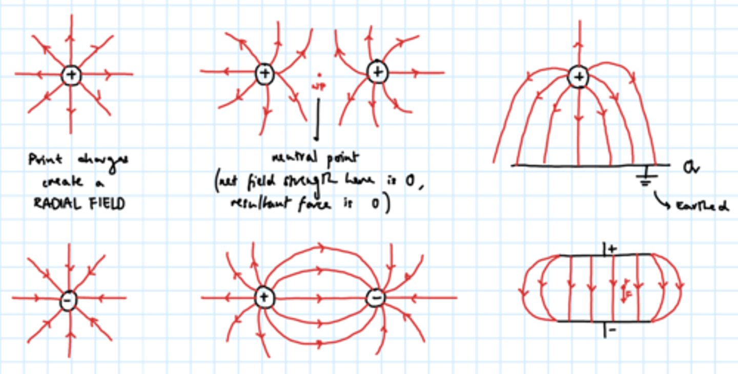 <p>in all cases: arrows drawn positive to negative</p><p>uniform (e.g. parallel plates): straight, parallel, evenly spaced</p><p>radial (e.g. point charges): like rays of the sun =&gt; less dense further from pt charge =&gt; force weaker</p>