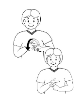 <p>extending pointer finger and thumb horizontally and resting extended pointer finger of other hand at base of thumb; then bring pointer finger over and in front of other hand, so that palm ends facing you and both pointer and middle fingers end touching back of other hand</p>