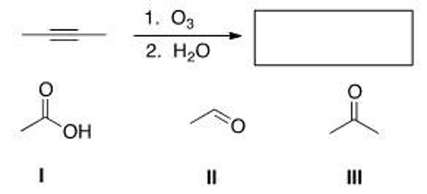 <p>Which of the following is (are) formed by ozonolysis of the following alkyne?</p><p>A. Only I</p><p>B. Only II</p><p>C. I and II</p><p>D. I, II, and III</p>