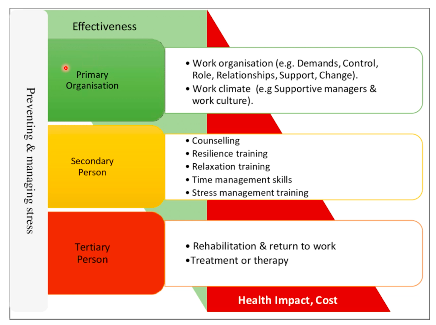 <p>a. <u>primary organisation focused interventions</u></p><p>- higher effectiveness due to dealing w/the root of the stressor</p><p></p><p>b. <u>secondary person focused interventions</u></p><p>- resilience/relaxation/time management/stress management training</p><p></p><p>c. <u>tertiary person focused interventions</u></p><p>- used when the problem is already there, more costly</p><p>- e.g., therapy, rehabilitation, …</p>