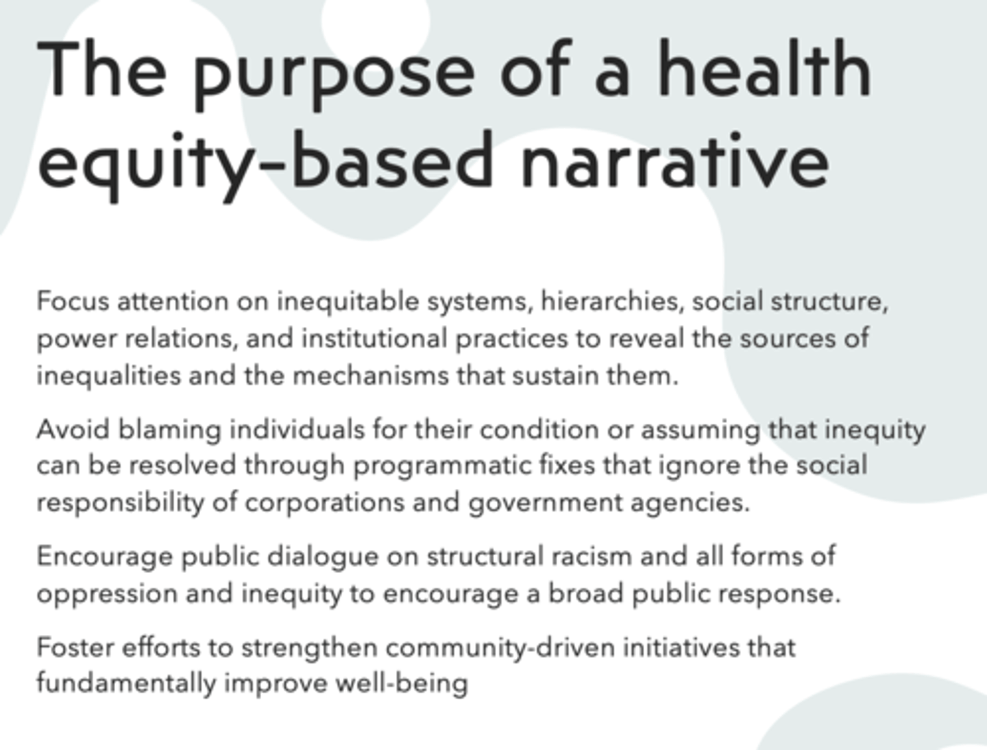 <p>To encourage a broad public response to oppression and inequity</p>
