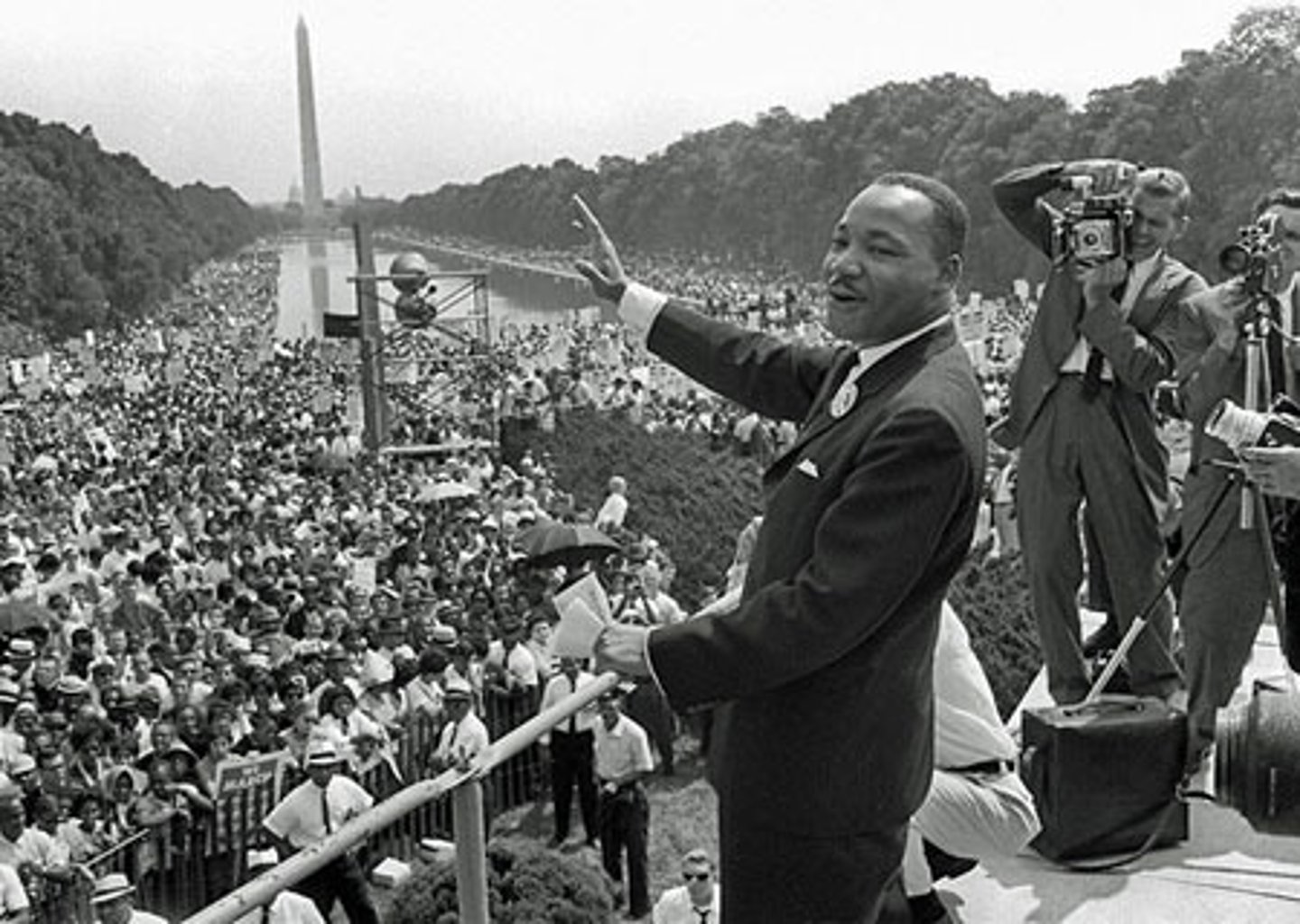 <p>A large political rally that took place in Washington, D.C. on August 28, 1963. Martin Luther King, Jr. delivered his historic "I Have a Dream" speech advocating racial harmony at the Lincoln Memorial during the march. Widely credited as helping lead to the Civil Rights Act (1964) and the National Voting Rights Act (1965). 80% of the marchers were black. Organized by union leader A. Philip Randolph.</p>
