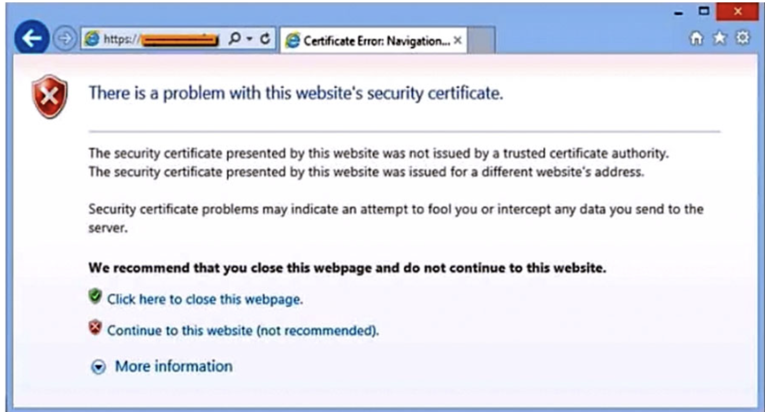 After clicking on a link in an email, a Chief Financial Officer (CFO) received the following error. The CFO then reported the incident to a technician. The link is purportedly to the organization's bank. Which of the following should the technician perform FIRST? 

A. Update the browser's CRLs.
B. File a trouble ticket with the bank.
C. Contact the ISP to report the CFO's concern.
D. Instruct the CFO to exit the browser.