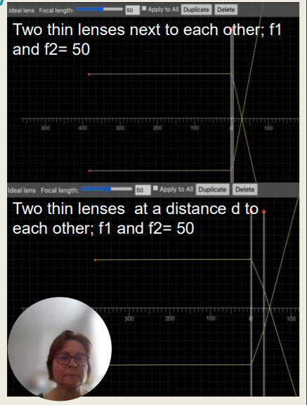 <p>Introduction - Lens System</p><ul><li><p>The combined power (Fe ) of two thin lenses insignificantly close to each other:</p><ul><li><p>F<sub>e</sub> = F<sub>1</sub> + F<sub>2</sub></p></li><li><p>Exmaple: F<sub>e</sub> = 1/50 + 1/50 and fe =25</p></li><li><p>Light rays focus 2.5 divisions behind lens 2 (see picture)</p></li></ul></li><li><p>If lens 2 is moved a distance (d) away from lens 1, the two parallel light rays focus at a different location behind lens 2:</p><ul><li><p>only 1 division instead of 2.5 divisions.</p></li></ul></li><li><p>Implication: the total power F is reduced due to the distance (d) between the lenses</p></li><li><p>F = F<sub>1</sub> + F<sub>2 </sub>- d x F<sub>1</sub> x F<sub>2 (equivalent power)</sub></p></li></ul><p>By moving lens 2 a distance (d) away from lens 1 the _________ is reduced due to the distance (d) between the lenses.</p>