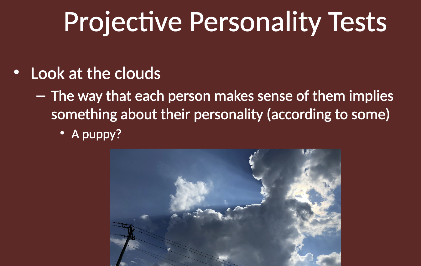 <ul><li><p>Analogy: Projective tests are like a series of "clouds"—ambiguous stimuli displayed to clients, allowing them to interpret the images in any way they choose.</p></li><li><p>Clients are not restricted to multiple choice or true/false questions.</p></li><li><p>Responses are often compared with those of others in a normative group.</p></li><li><p>Psychologists form hypotheses about a client’s personality based on how they respond to the stimuli.</p></li><li><p>These tests are mostly associated with the psychoanalytic tradition.</p></li></ul><p></p>