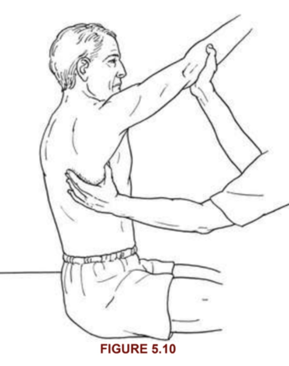 <p>short sitting, arm flexed above 90, supported by PT</p><p>stand at side of pt, support arm below elbow, and on inferior angle of scap with thumb on axillary border</p><p>“Hold your arm in this position” (i.e., above 90°). “Let it relax. Now hold your arm up again. Let it relax.”</p><p>2/5: If the scapula abducts and rotates upward as the patient attempts to hold the arm in the elevated position, the weakness is in the G-H muscles. If the scapula does not smoothly abduct and upwardly rotate without the weight of the arm or if the scapula moves toward the vertebral spine, the weakness is in the serratus and should be graded a 2.</p><p>1/5: muscle contraction is palpable </p><p>0/5: no palpable contraction</p>