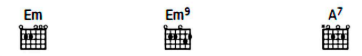 <p>2 chords (D &amp; G major) - <strong>arpeggiated</strong>.</p><p><strong>Power </strong>chords.</p><p>Final chords: D, Em (Em9) and A7 (<strong>dominant 7th</strong>).</p>