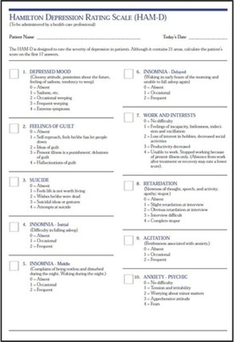 <p>Clinical assessment scales - ones done by HCPs</p><p>1. Hamilton Depression Rating Scale (HAM-D or HDRS)</p><p>2. Montgomery-Asberg Depression Rating Scale (MADRS)</p><p>The Beck Depression Inventory (BDI) is a self-rating scale.</p><p>These are not routine scales</p>