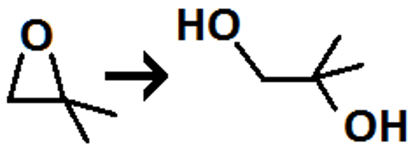 <p>produces trans glycols</p><p>nucleophile attacks more substituted carbon</p>