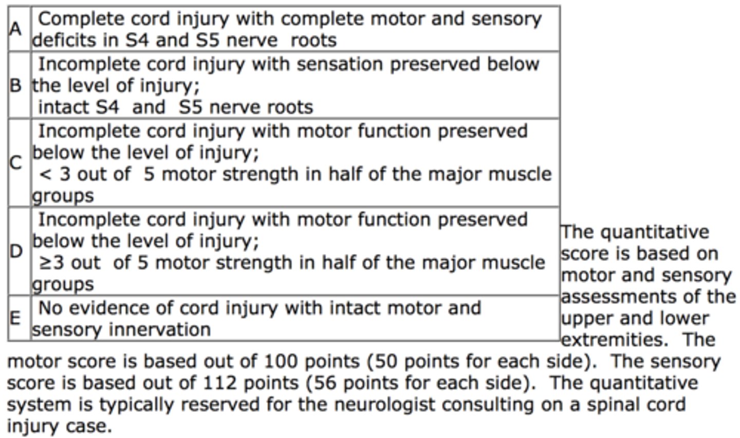 <p>- used for classifying severity of impairment resulting from spinal cord injury</p><p>- very comprehensive; assess motor, sensory function + determine neuro level + completeness of injury</p><p>- used to record changes in neuro status + identifying goals for rehab</p>