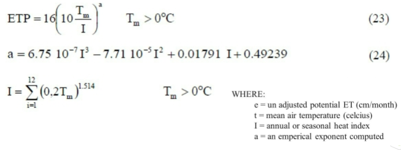 <p>estimate of daily potential evapotranspiration (PET) based on air temperature and latitude</p><ul><li><p>measured multiple sites, fitted equation</p></li></ul><p></p>