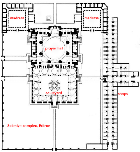 <p>TITLE: Mosque of Selim II</p><p>ARTIST: Sinan (architect)</p><p>MATERIALS: brick &amp; stone</p><p>PERIOD: 1568-1575 CE (OTTOMAN)</p><p>PURPOSE: built as a monument for the Sultan that expressed Islam’s triumph over an area dominated by Christianity (wanted to surpass Christian churches)</p><ul><li><p>has pencil-like minarets that reach toward the heavens</p></li><li><p>madrasa: type of educational institution, secular or religion</p></li><li><p>schools for learning about the Quran were added later alongside the shops (arasta)</p></li><li><p>has a nearly squared prayer hall above an ethereal dome</p></li><li><p>the dome contains 8 muqarnas-corbelled squinches (architectural support) that are supported by 8 large piers</p></li><li><p>muqarnas: decorative forms that alternately protrude to bridge a point of transition (allows for more space below)</p></li><li><p>exterior buttresses hold up the majority of the weight within the dome &amp; are hidden among porticos &amp; galleries</p></li><li><p>the exterior of the building is not considered an afterthought (compared to early Byzantine &amp; Ottoman mosques such as the Hagia Sophia)</p></li></ul>