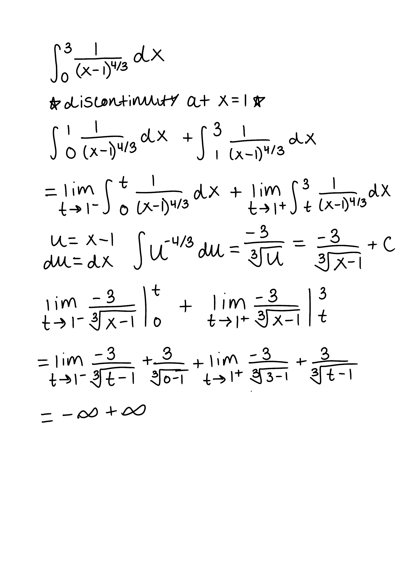 <ul><li><p>The integral is improper because there is a discontinuity at x=1</p></li><li><p>The integral diverges because the limit is infinite</p></li></ul><p></p>