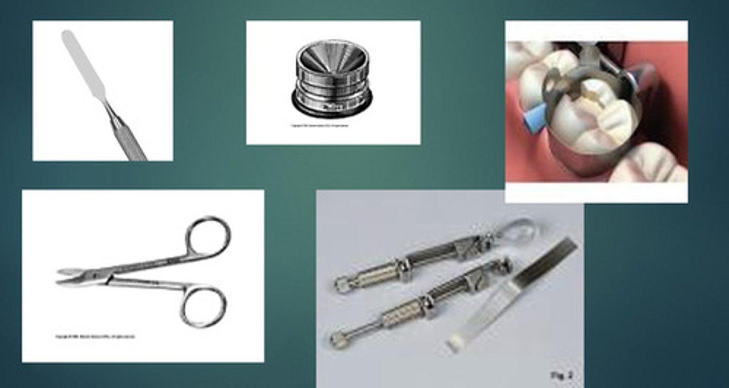 <p>- used to complete a procedure</p><p>- spatula, scissors, retainer, matrix band, amalgam well</p>