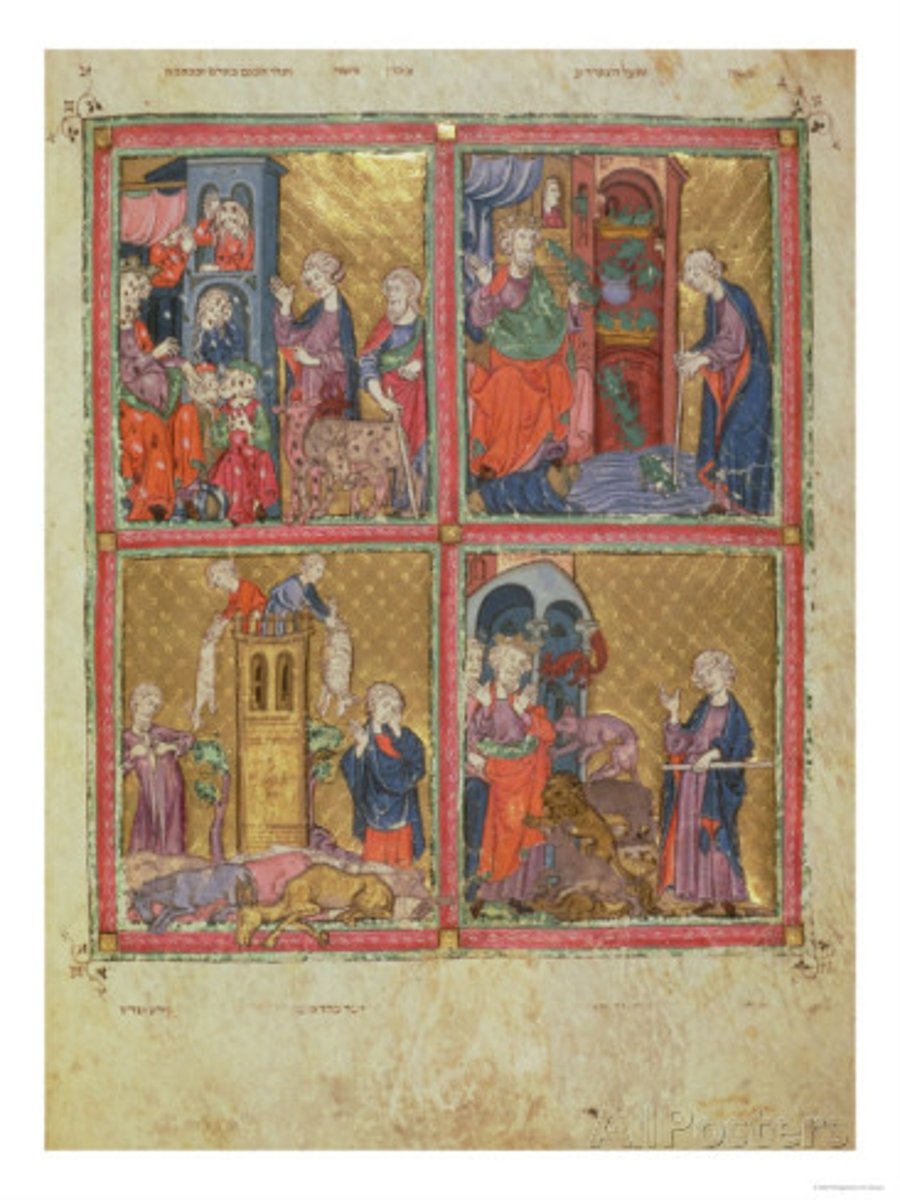 <p>Late medieval Spain. c. 1320 C.E. Illuminated manuscript (pigment and gold leaf on vellum).<br><br>The book was for use of a wealthy Jewish family in Spain. Haggadahs were lavishly decorated Jewish sacred writings. Heavy use of gold leaf alludes to Byzantine art. Reflects Gothic Christian art influence also. The holy text is written on vellum - a kind of fine calfskin parchment - in Hebrew script.</p>