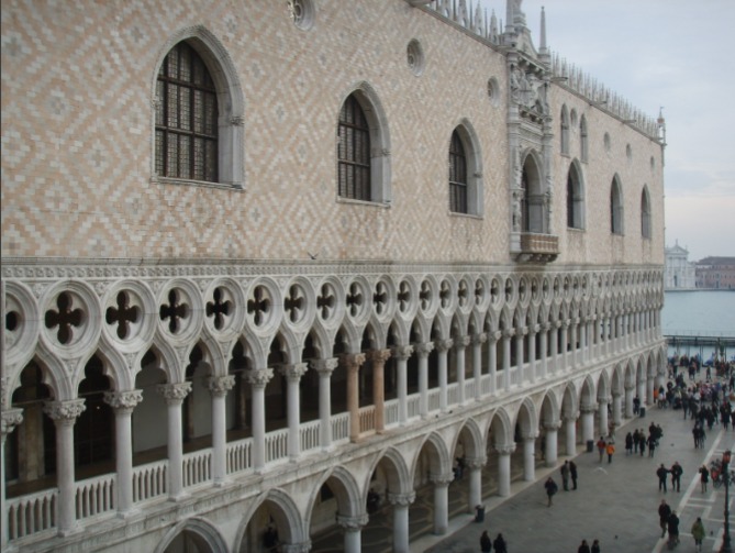 <p>Venice, Italy, 9th century - 1600, town hall where main legislative bodies met.  Called Doge’s place b/c Doge and family lived there. Gov wanted to keep eye on them to ensure no abuse of power. Bottom and 2nd level open (not defensive). Material was light and decorative. Large area in front for people to gather on land but also on the water as well (so 2 faces).</p>