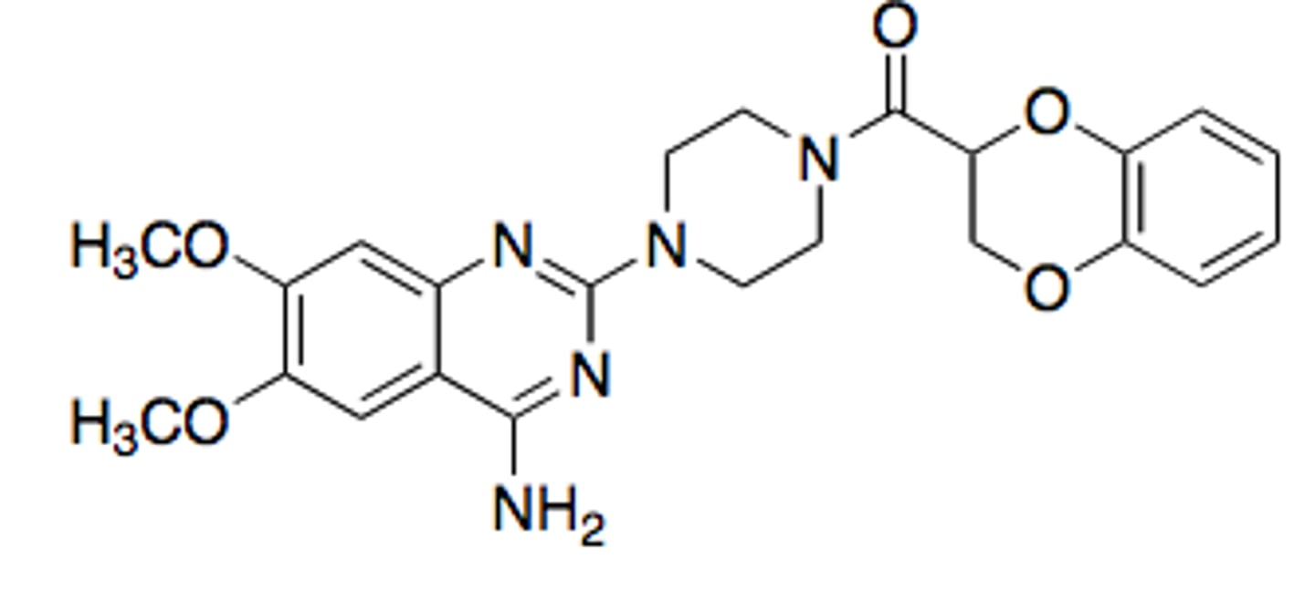 <p><strong>Brand: </strong>Cardura</p><p><strong>Class: </strong>Alpha 1 Blocker</p><p><strong>MOA:</strong> Antagonizes alpha 1 adrenergic receptors which leads to vasodilation.</p>