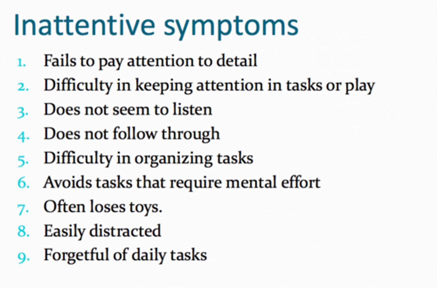 <p>Difficulty paying attention in the classroom, unable to concentrate on schoolwork, poor problem-solving</p>