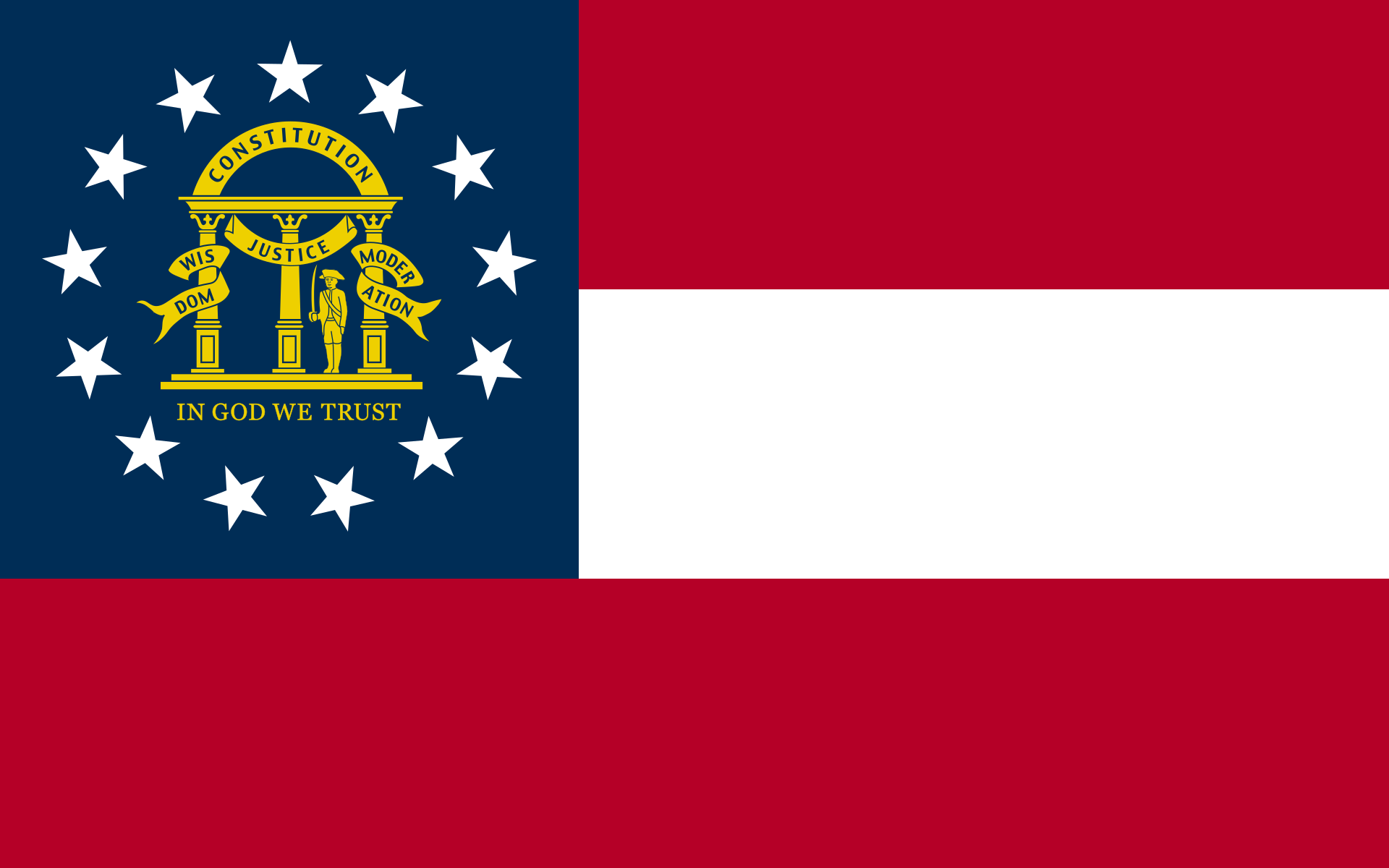 <p>Two red stripes and a white stripe between. A blue square on the top left with 13 stars and a yellow building.</p>