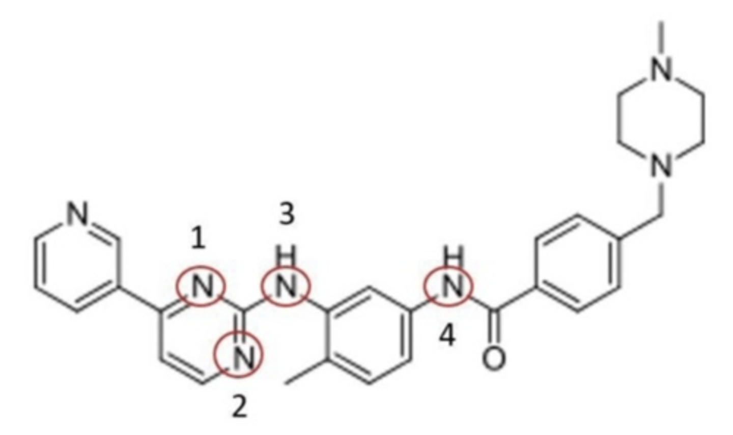 <p>Which highlighted nitrogen is not in the pharmacophore of imatinib</p>