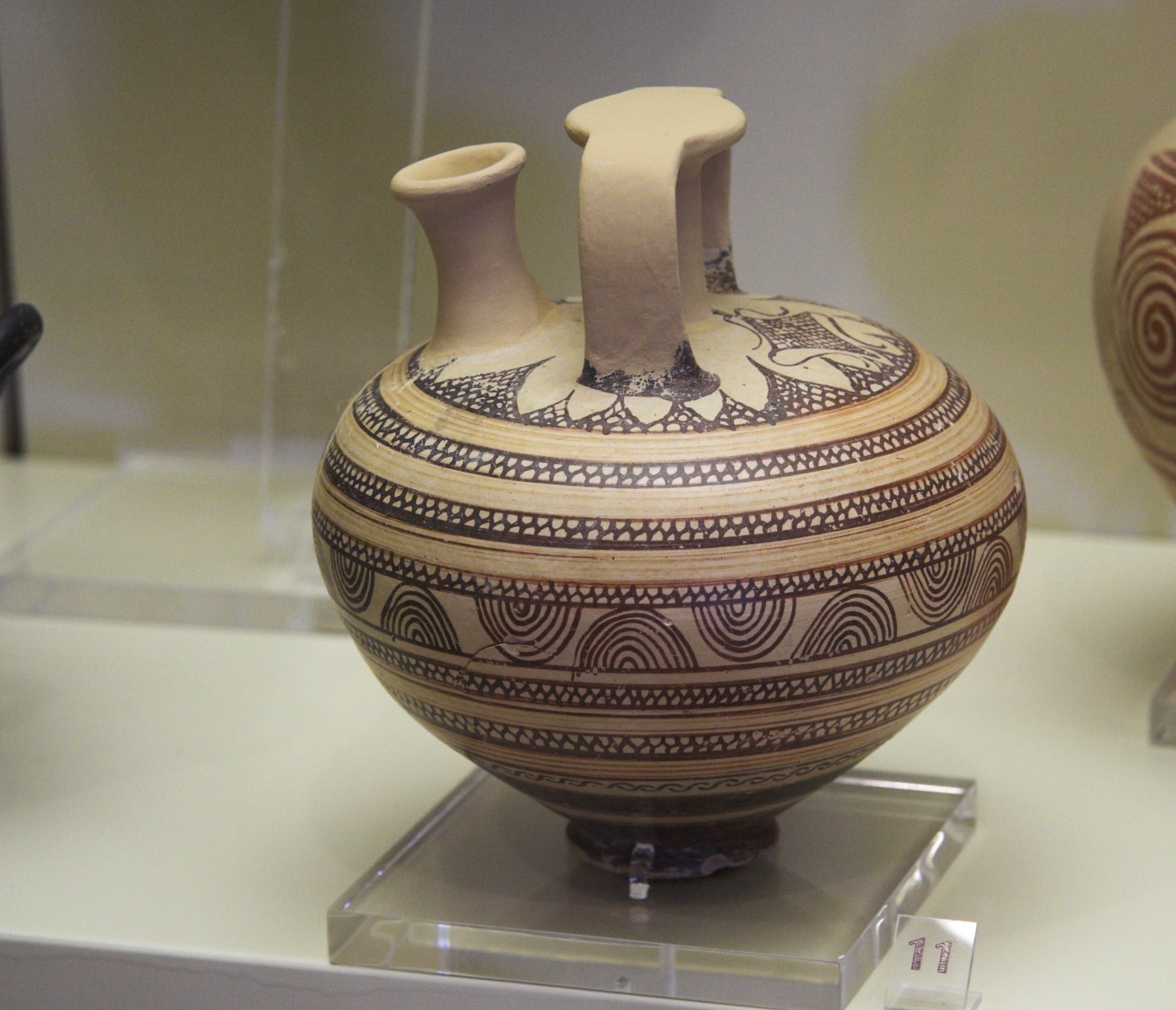 <p><strong><u>Date</u></strong> : 12th century BC</p><p></p><p><strong><u>Location</u></strong> : Mycenae </p><p></p><p><strong><u>Material</u></strong> : Clay</p><p></p><p><strong><u>Significance</u></strong> : </p><ul><li><p>evidence of good <strong>craftsmanship</strong> </p><ul><li><p>iron-rich slip used to create <strong>intricate pattern</strong></p></li><li><p><strong>range of colours</strong> ( red-brown )</p></li></ul><p></p></li></ul><p></p><p></p>