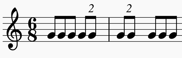 <p><span style="font-family: Aptos, sans-serif; line-height: 115%;"><span>A borrowed rhythm from simple meter. The beat is separated into two notes instead of three.</span></span></p>