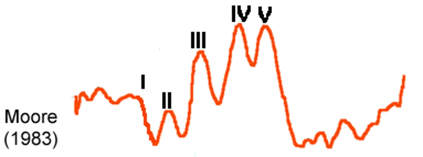 <p>measurable responses in the brainstem to a series of acoustic stimuli, occur at high frequencies very early (within 10ms)</p>
