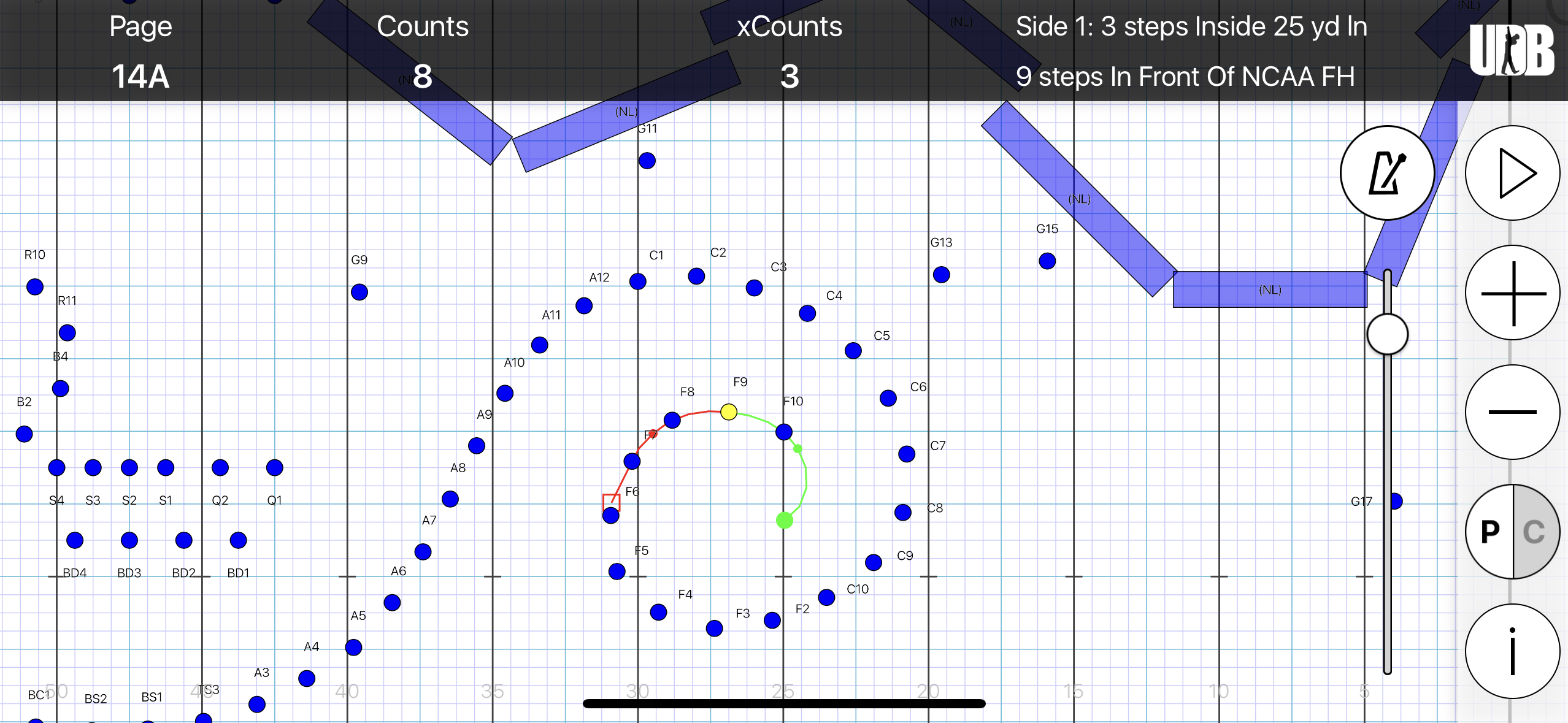 <p>STS: Side 1, 3 steps inside 25 yd ln</p><p>FTB: 9 steps in front of FH</p><p>SS: 7.25 to 5 for 8 counts</p><p>XC: 3</p>