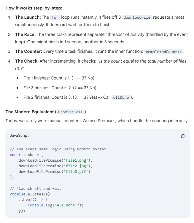 <p>This pattern involves running a set of asynchronous tasks concurrently by launching them all at once and waiting for their completion. All tasks are started immediately, and completion is tracked by counting how many times their callbacks are invoked.</p>