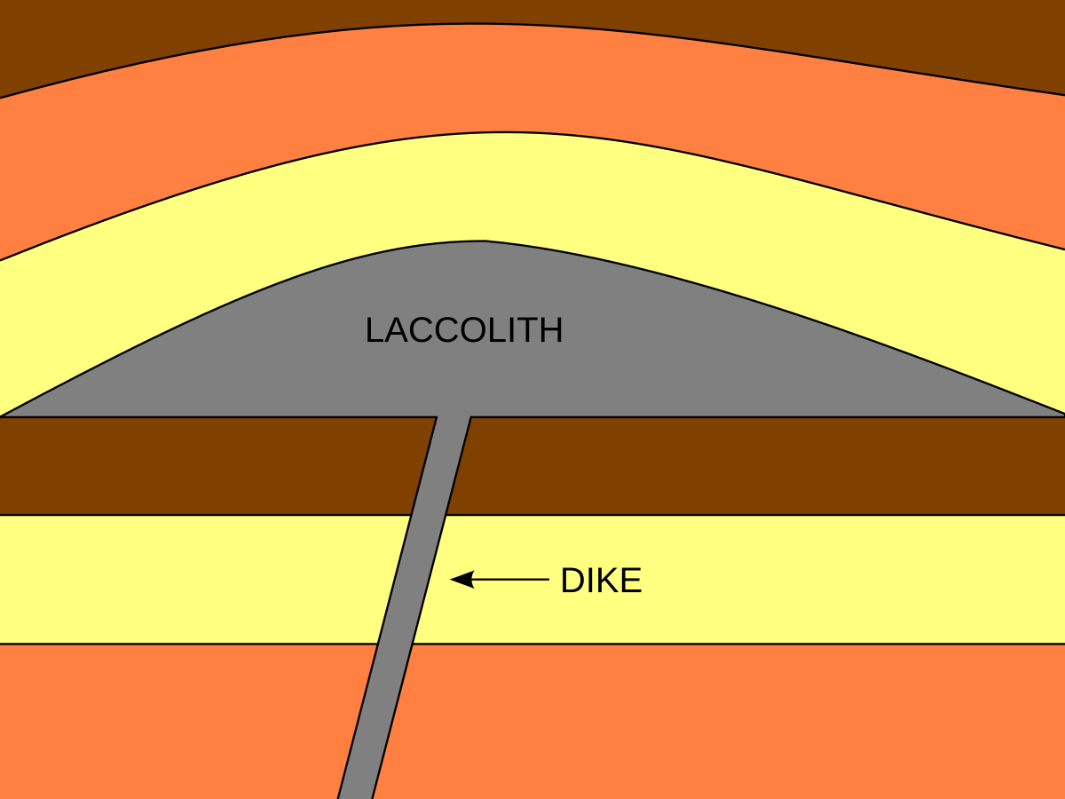 <p>Dome-shaped intrusions that push overlying rock layers upward. (<span>filled by solidified magma)</span></p>