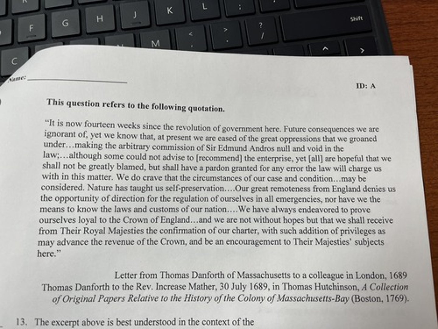 <p>which of the following was most likely a significant cause of the sentiments depicted in the excerpt above?</p>