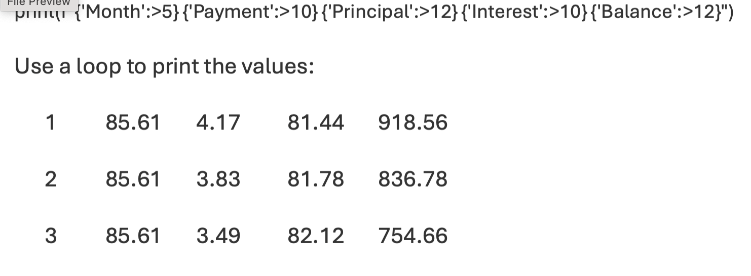 <p><span>print(f"{'Month':&gt;5} {'Payment':&gt;10} {'Principal':&gt;12} {'Interest':&gt;10} {'Balance':&gt;12}")</span></p>