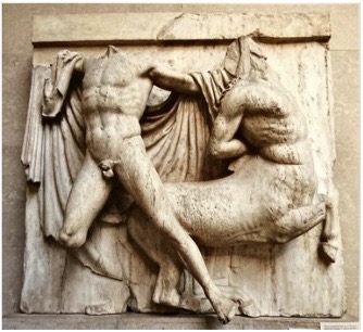 * The lapith and centaur open away from one another for very different reasons​
* The centaur stretches out because his head is being pulled back by the lapith whereas the lapith’s open body language reflects his strength and power 
* Drapery behind figures fill space 
* Sculpture used the entire space of metope