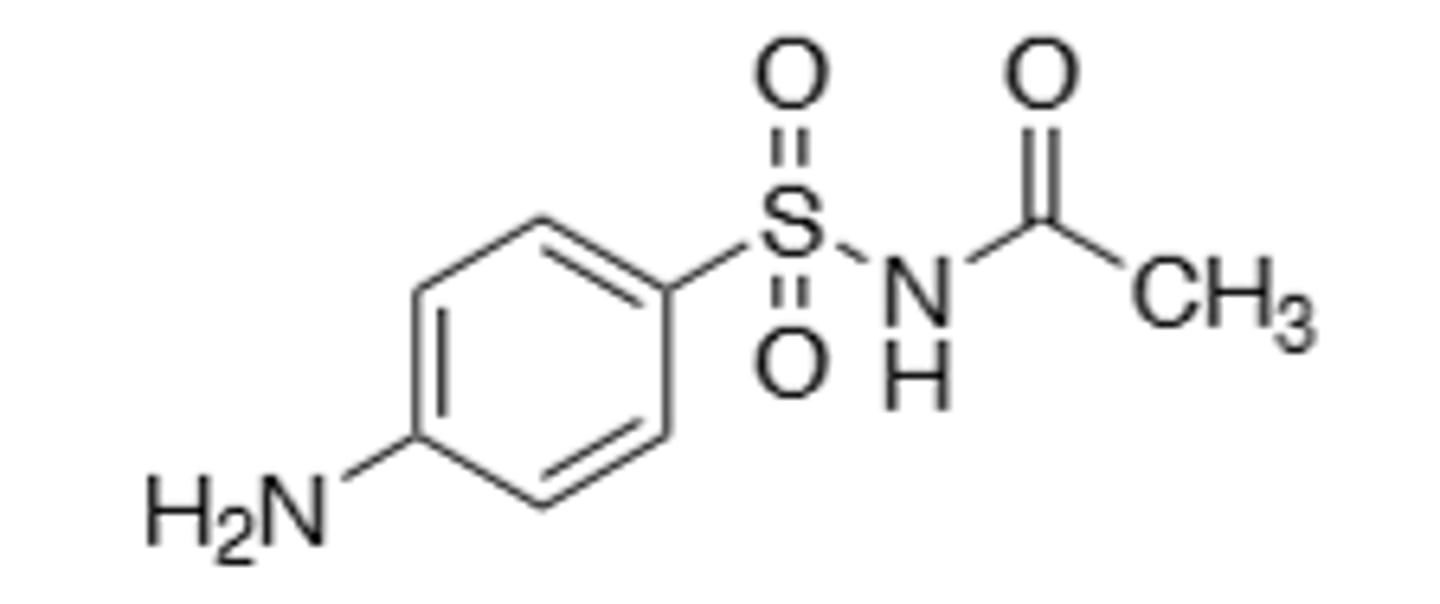 <p>Sulfonamide, comes from prodrug prontosil, inhibition of p-aminobenzoic acid (PABA) into the folic acid nucleus, blocking Thymine synthesis in bacterial cells, preventing the creation of new DNA, leading to cell death. Broad spectrum. Commonly used in combination due to increased resistance mechanisms over the years. All drug class derivatives (Sulfas) are cross-allergenic. Crystalluria and hematopoietic disturbances, main resistance is from bacteria that cause overproduction of PABA, mutations in the target enzyme (dihydropteroate synthase), and mutations that decrease cell permeability. Metabolized by N-4-N-acetylation and sometimes N-1 glucuronidation</p>