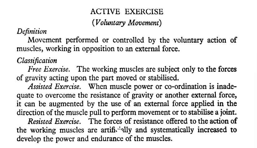 <p>• free exercise • assisted exercise • assisted-resisted exercise • resisted exercise</p>