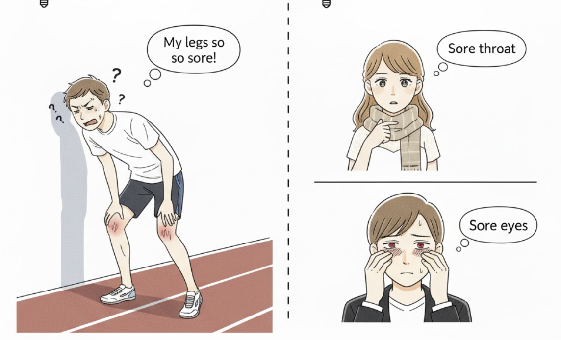 <p><strong>painful or aching, especially after being used too much or injured</strong> </p><p>(đau nhức, ê ẩm, đau rát)<br><br>(<em>sore throat, sore muscles, sore eyes</em>).</p>