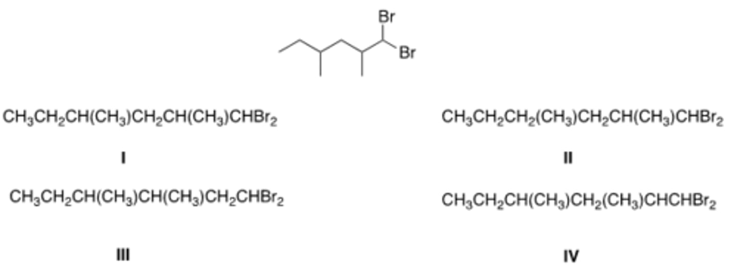 <p>What is the condensed formula of the compound below?</p><p>A) I</p><p>B) II</p><p>C) III</p><p>D) IV</p>