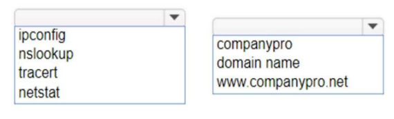 <p>You want to list the IPv4 addresses associated with the host name www.companypro.net. Complete the command by selecting the correct option from each drop-down list.</p>