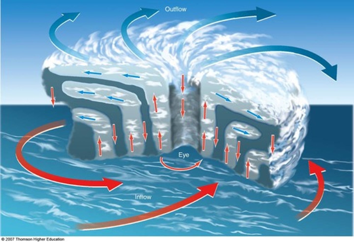 <p>1. Air move inwards towards the low pressure <br>2. The air gets pushed up<br>3. The air above diverges</p>