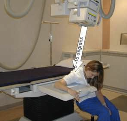 <p><span><span>Superioinferior Axillary</span></span></p><ul><li><p>CR&nbsp;<span><span>5-10° angle toward the distal humerus</span></span></p></li><li><p><span><span>patient seated&nbsp;</span></span></p></li></ul><p></p>