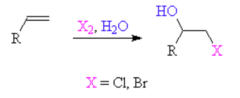 a halogen and a hydroxyl are bonded to adjacent carbon atoms