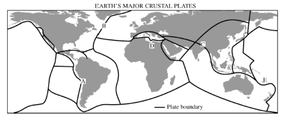 <p><span>Area that exhibits island arcs</span></p><p></p><p><span>A) A</span></p><p>B) B</p><p>C) C</p><p>D) D</p><p>E) E</p>