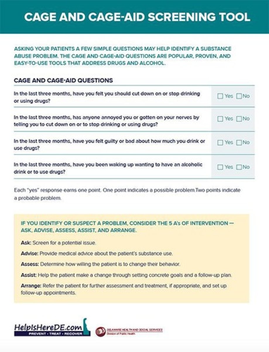 <p>screen for all types of substance abuse; adjusted to Include drugs</p>