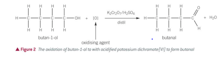 <ul><li><p>gently heating with acidified potassium dichromate (VI)</p></li><li><p>produces aldehyde</p></li><li><p>aldehyde separated from mixture as soon as it forms to prevent stage 2 taking place</p></li><li><p>can be separated by distillation</p></li></ul>