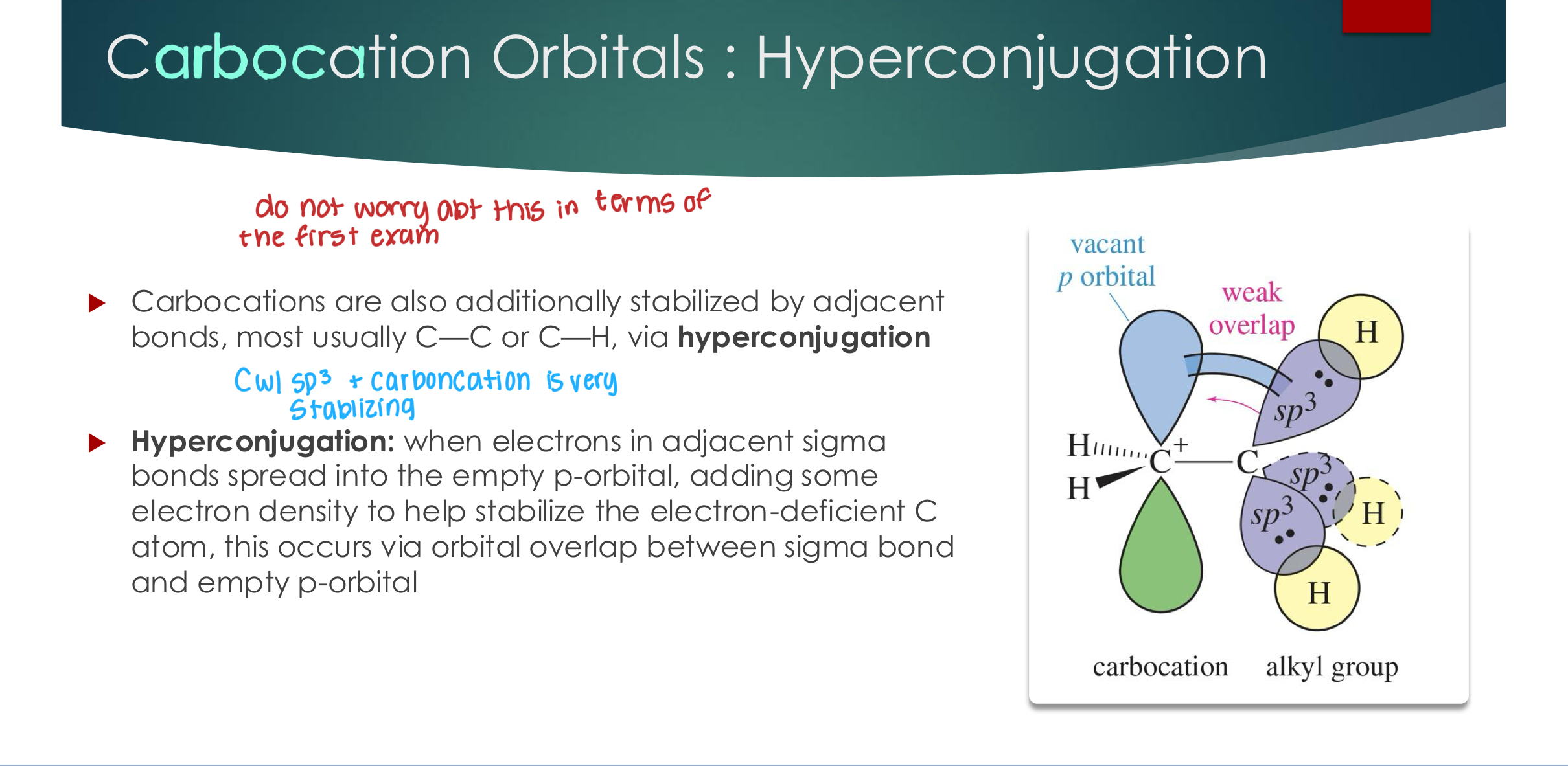 <p><span style="color: rgb(255, 255, 255);">Carbocations are also additionally stabilized by adjacent</span><span style="color: rgb(255, 255, 255);"><br></span><span style="color: rgb(255, 255, 255);">bonds, most usually C—C or C—H, via hyperconjugation</span></p><p><span style="color: rgb(255, 255, 255);"><br></span><span style="color: rgb(255, 255, 255);"> Hyperconjugation: when electrons in adjacent sigma</span><span style="color: rgb(255, 255, 255);"><br></span><span style="color: rgb(255, 255, 255);">bonds spread into the empty p-orbital, adding some</span><span style="color: rgb(255, 255, 255);"><br></span><span style="color: rgb(255, 255, 255);">electron density to help stabilize the electron-deficient C</span><span style="color: rgb(255, 255, 255);"><br></span><span style="color: rgb(255, 255, 255);">atom, this occurs via orbital overlap between sigma bond</span><span style="color: rgb(255, 255, 255);"><br></span><span style="color: rgb(255, 255, 255);">and empty p-orbital</span></p>